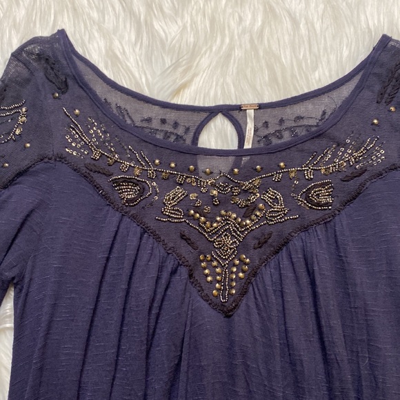 Free People Beaded, Flowey Sleeved Blouse w/ Keyhole neckline on back - Picture 4 of 9
